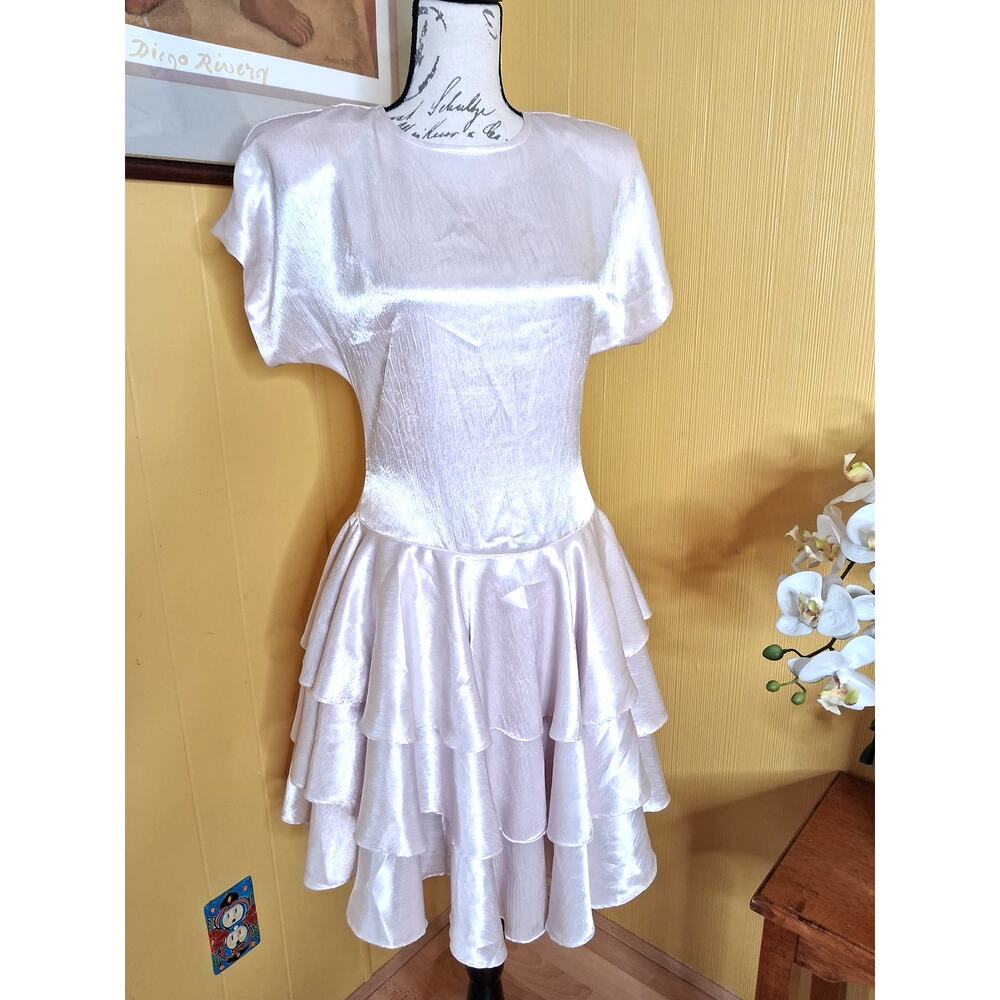 Vintage 80s Jody California Light Pink Tiered Ruffle Midi Dress